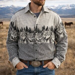 Vintage Western Plains Trading Co Men’s Wolves Long Sleeve Button Shirt Large